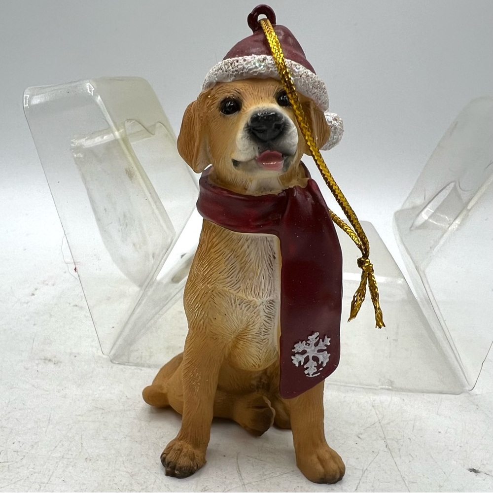 Holiday Dog   Yellow Lab Ornament with Red Scarf and Hat
